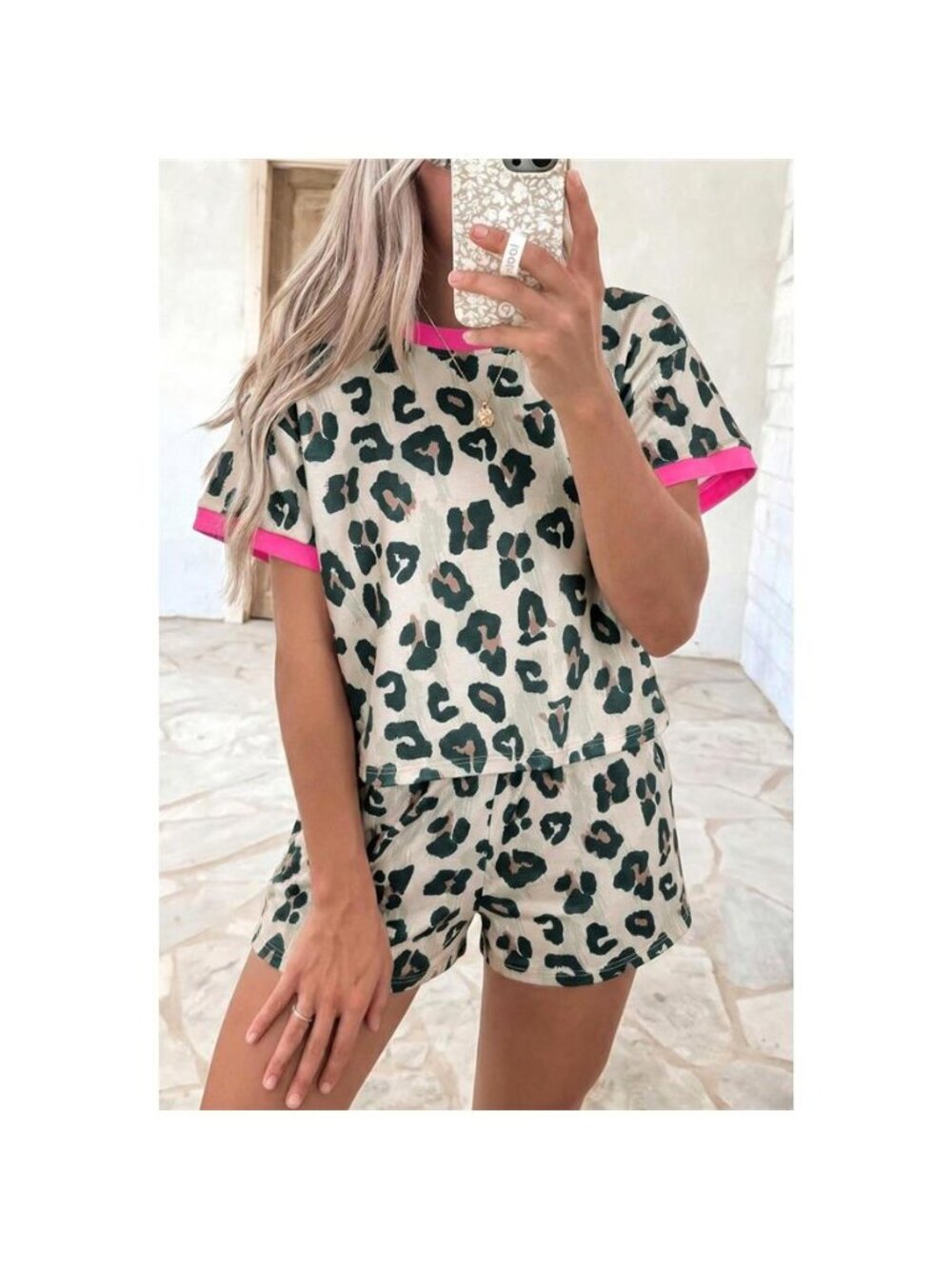 Leopard Print Short Sleeve Top and Shorts Set